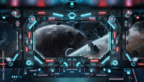 Dark spaceship interior with glowing blue and red lights. Futuristic spacecraft with large window view on planets in space. 3D rendering