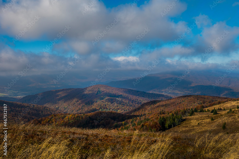 Bieszczady Polish mountains view from Bukowe Berdo, autumn, nice weather, mountain peaks, clouds
