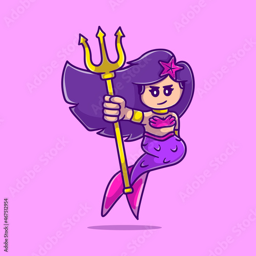 cute beautiful mermaid illustration carrying trident