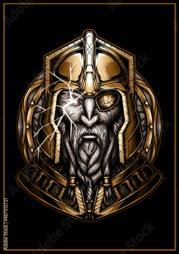 Schilderij op canvas Graphic portrait of Scandinavian God in a gold armor with a lightning in the eye, bust of dwarf with a beard and mustache, the face of an old viking close-up in a helmet on the background of a shield