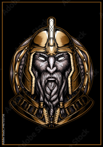 Graphic portrait of a nordic warrior in a gold armor on the background of a shield, a bust of a dwarf with a braided beard and mustache, the face of an old viking close-up in a round helmet.