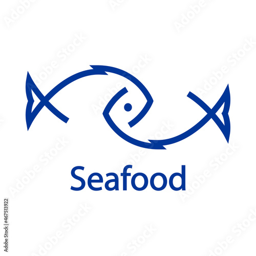 Logotipo restaurante. Banner con texto Seafood y silueta de 2 pescados abstractos con líneas en color azul