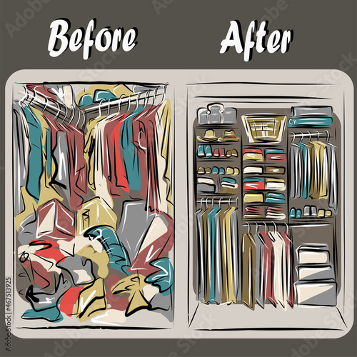 Organization of space, basic wardrobe. Before and after. Apartment cleaning, order, things on the shelves. Wardrobe with things before and after cleaning. Comfort, furniture. Isolated vector objects.