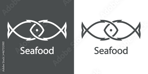 Logotipo restaurante. Banner con texto Seafood y silueta de 2 pescados abstractos con líneas en fondo gris y fondo blanco