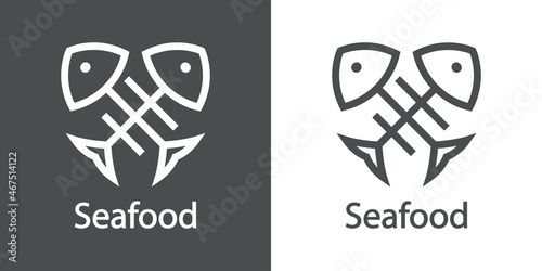 Logotipo restaurante. Banner con texto Seafood y silueta de 2 espinas de pescado cruzados con líneas en fondo gris y fondo blanco
