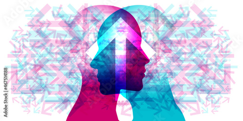 A female and male face-to-face silhouette overlaid with various sized translucent multi-directional arrows. Placed across the centre is a large white semi-transparent arrow pointing up.