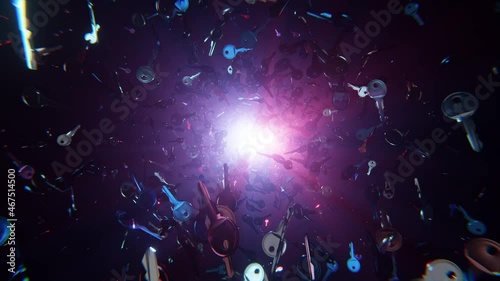 A lot of metal keys falling into the camera in slow motion. Dark mysterious 3d animated background