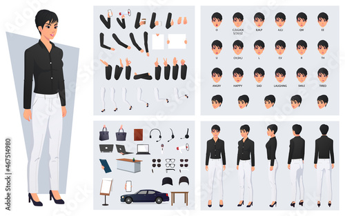 Office Woman Formal Wearing Pants and Shirt Character Constructor with Mouth Animation, Emotions, and Hand Gestures design
