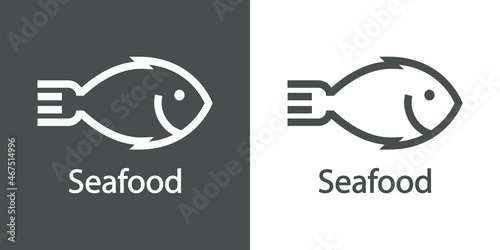 Logotipo restaurante. Banner con texto Seafood y silueta de pescado con cola con forma de tenedor con líneas en fondo gris y fondo blanco