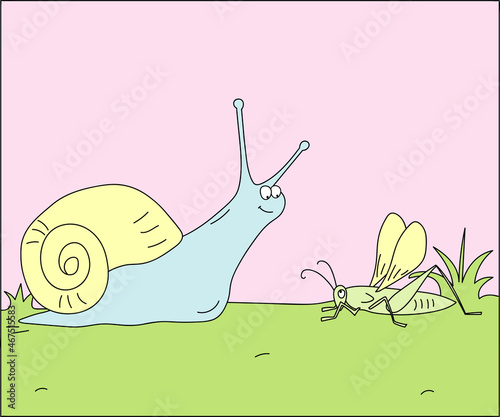 children's doodle illustration where a grasshopper stands with a snail