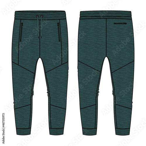 Fleece  jersey  Sweat pant With Cut and sew technical fashion flat sketch template front and back views. Apparel jogger pants vector illustration Green Color  mock up for kids and boys. 