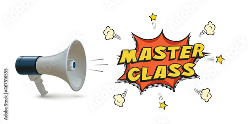 Master class text with 3d realistic megaphone, banner template to announce webinar