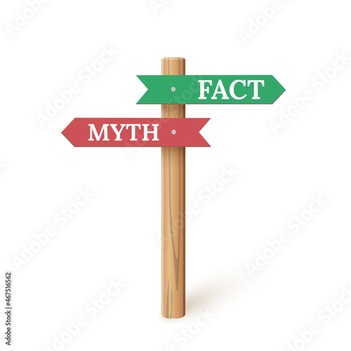 Sign direction with myth and fact arrow, 3d wooden signpost for true or false facts