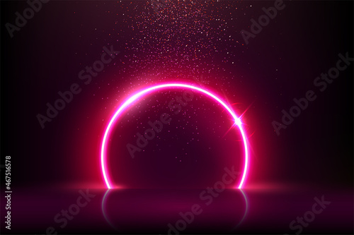 Pink round neon circle frame and magic falling particles, abstract electric ring