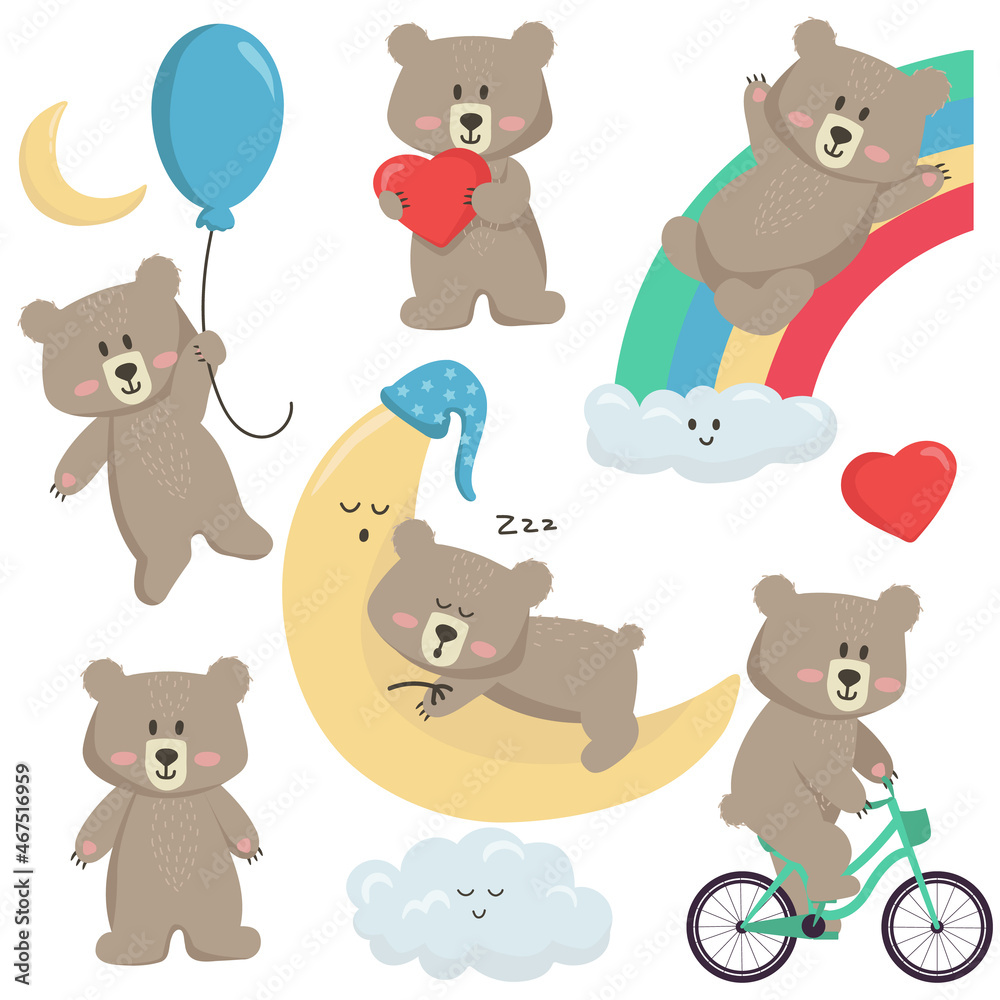 Fototapeta premium Vector illustration on a white background set of cartoon cute bear boy in different poses. The bear holds a heart, rides on a rainbow, sleeps on the moon, flies on a balloon, rides a bicycle. 