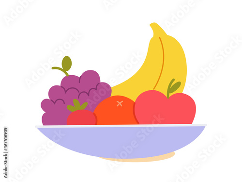 Summer fresh fruits on plate, sweet banana, grapes, apple and strawberry lying on platter