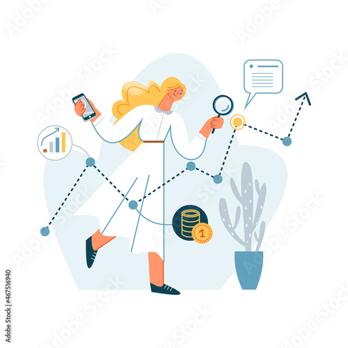Seo research of business people, woman with loupe standing near report graph arrow up