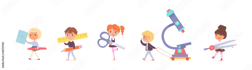 Children hold school supplies set, kids with education pencil pen microscope scissors Children hold school supplies set, kids with education pencil pen microscope scissors