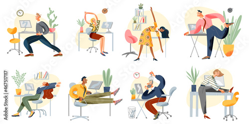 People do exercise workout on office workplace set, take healthy break from work