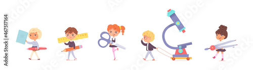 Children hold school supplies set, kids with education pencil pen microscope scissors