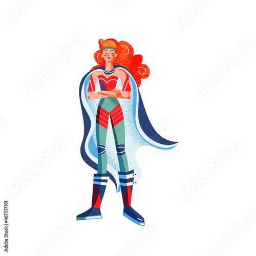 Female superhero in costume with arms crossed. Superwoman with cape vector illustration. Cartoon comic woman with powers posing isolated on white background. Brave smiling girl standing