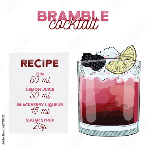 Bramble Cocktail Illustration Recipe Drink with Ingredients photo