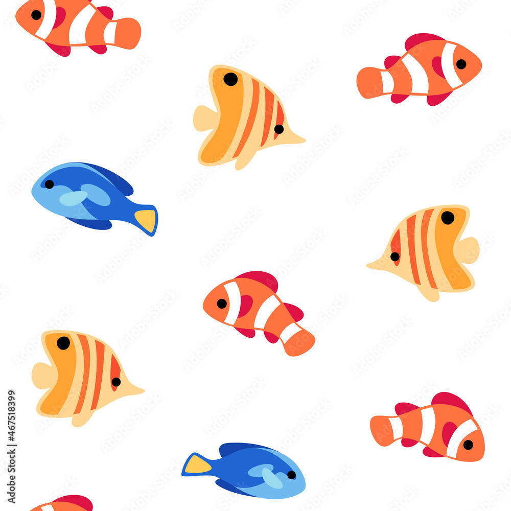 Cartoon clown fish, butterfly fish, surgeon fish - simple trendy nice seamless pattern with fish. Cute vector illustration.