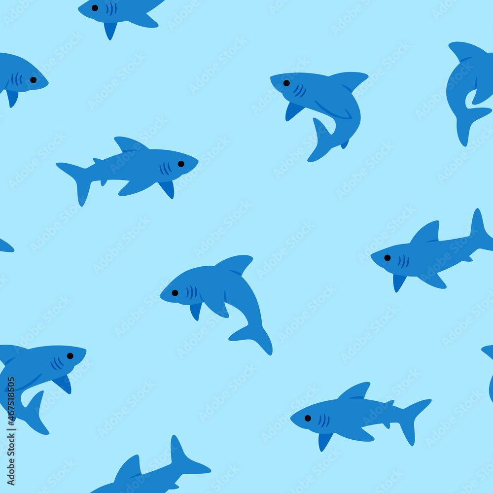 Simple seamless trendy pattern with cartoon shark. Cute design children's print on blue background.