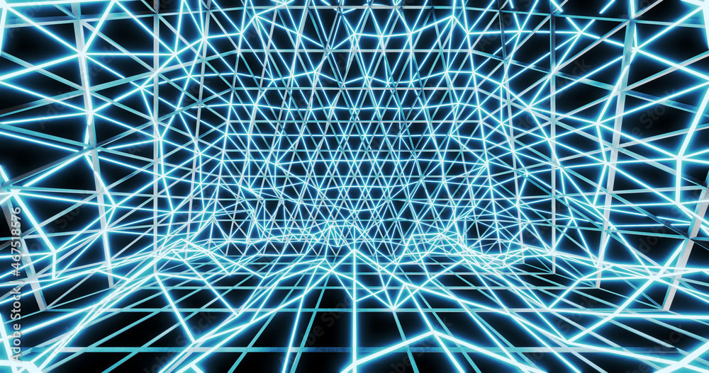 Render with a neon mesh room in cold colors Render with a neon mesh room in cold colors
