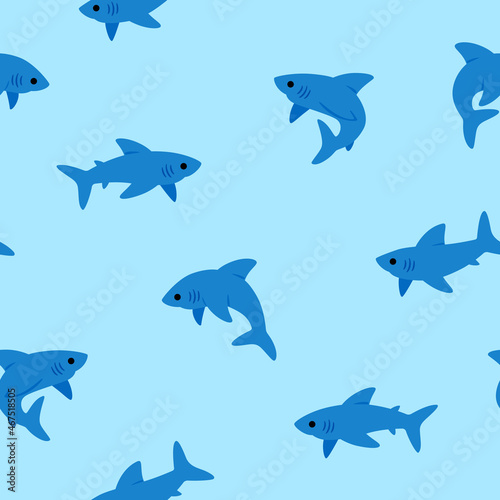 Simple seamless trendy pattern with cartoon shark. Cute design children s print on blue background.