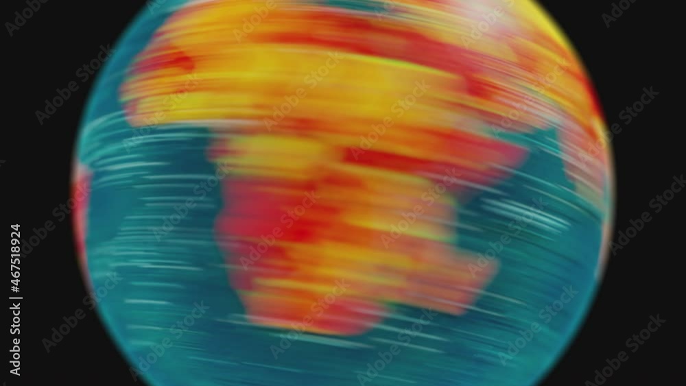 Fast rotating colorful glowing earth globe on black background. Zoom in.