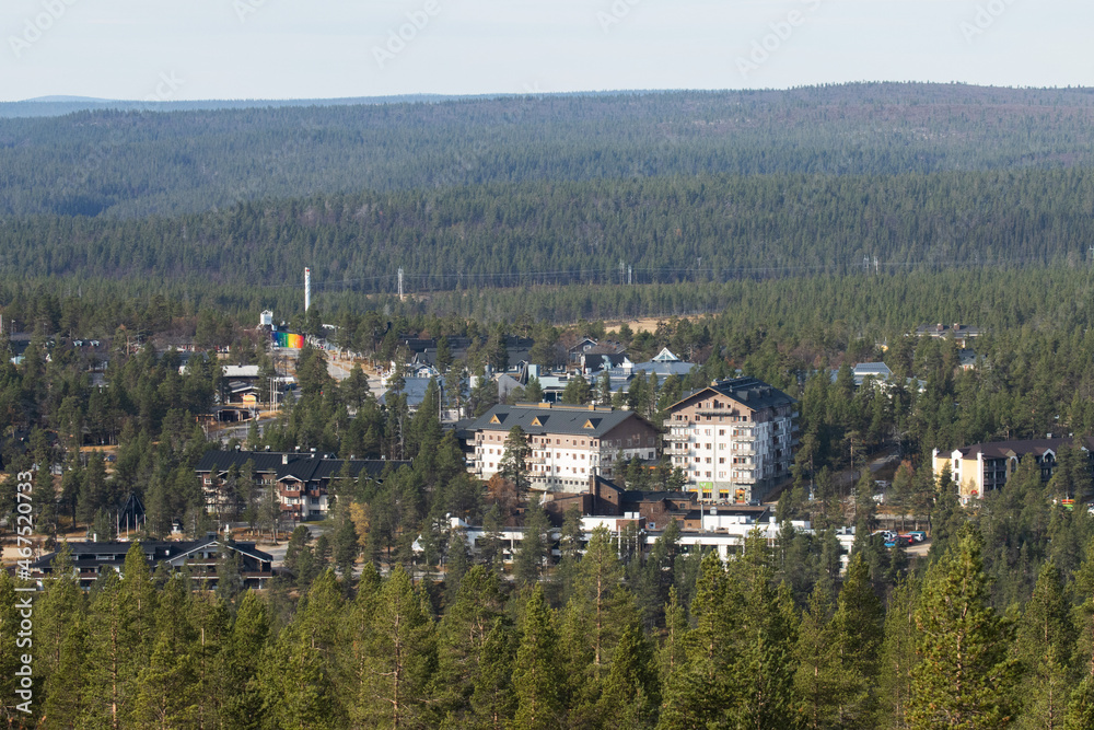 A high angle view to Saariselkä ski resort on a beautiful autumn day in Northern Finland. 