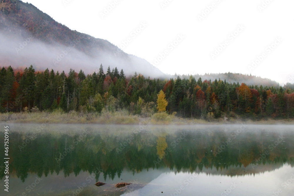 mountain lake with morning dust and autumn colored trees 