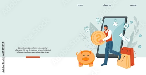 Saving money and online banking business concept for website. Money transaction financial services, online investments and finance management webpage template, flat vector illustration.