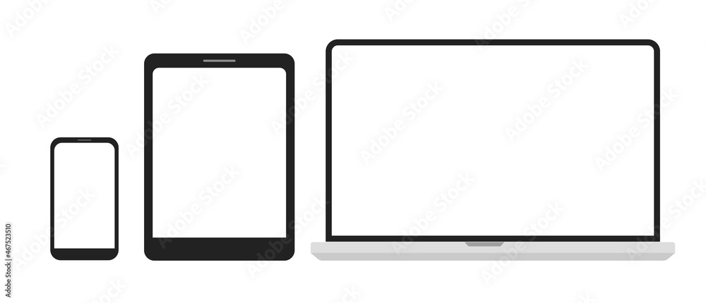 Set of computer, laptop, tablet and phone in a flat vector style. Set of computer, laptop, tablet and phone in a flat vector style.