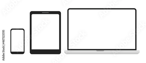 Set of computer, laptop, tablet and phone in a flat vector style.