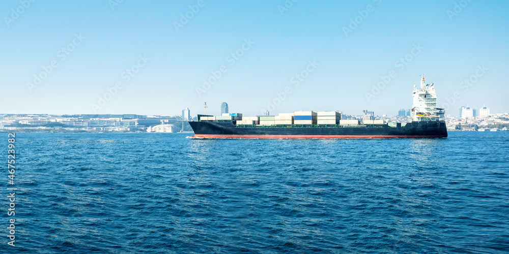 Logistics and transportation of International Container Cargo ship in the ocean. Banner.