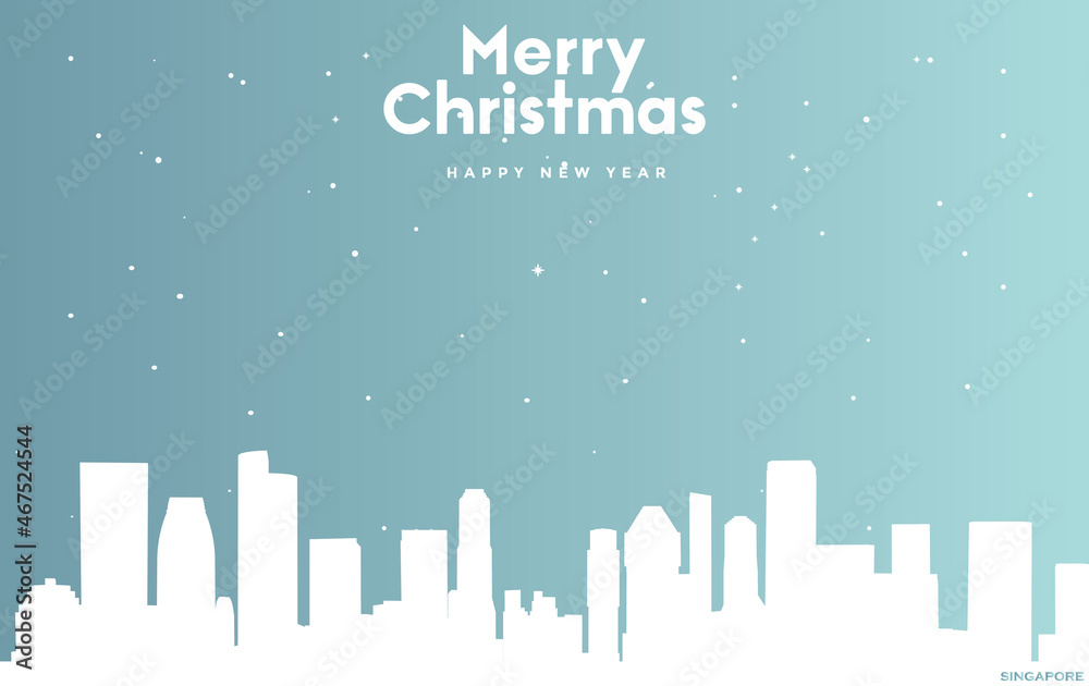 Christmas and new year blue greeting card with white cityscape of Singapore City