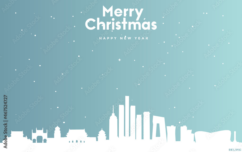 Christmas and new year blue greeting card with white cityscape of Beijing