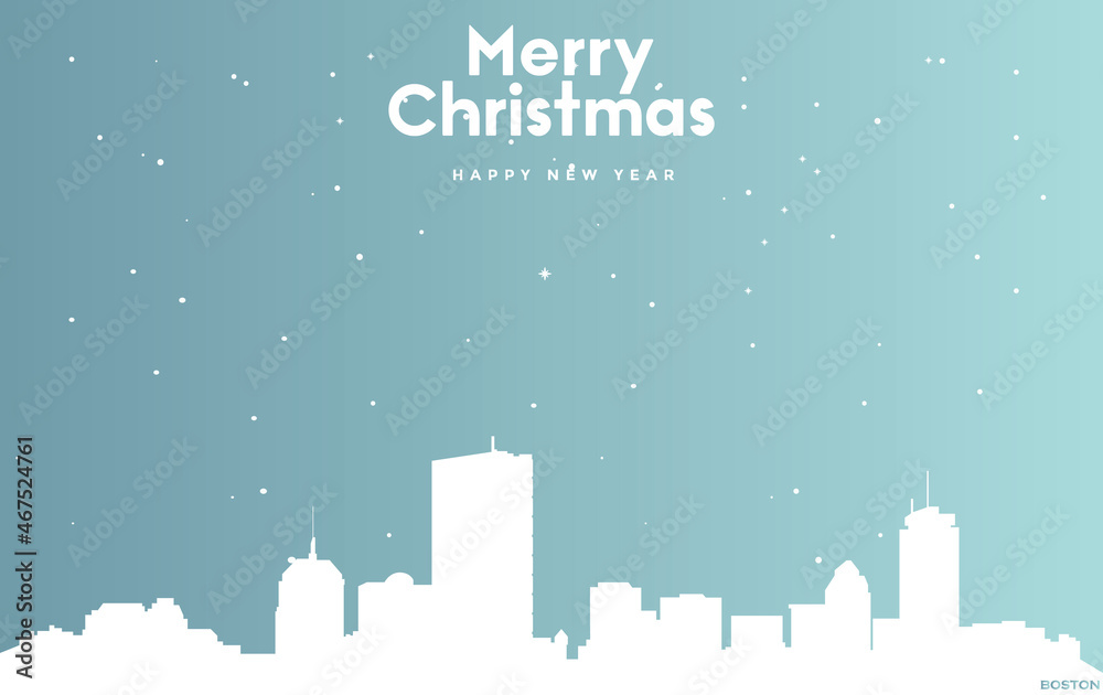 Christmas and new year blue greeting card with white cityscape of Boston