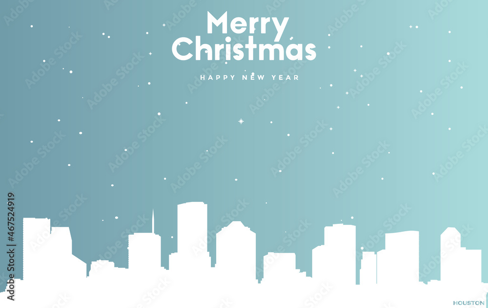 Christmas and new year blue greeting card with white cityscape of Houston