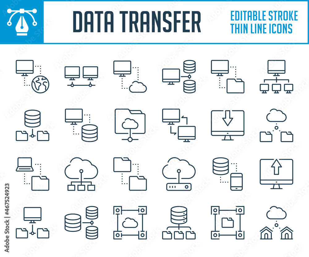 Data transfer and Network connection thin line icons. Online hosting service, File management and migration outline icon set. Editable stroke icons.