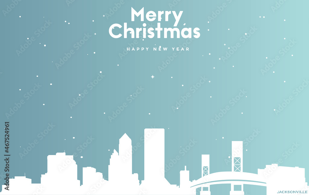 Christmas and new year blue greeting card with white cityscape of Jacksonville