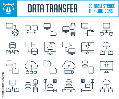 Data transfer and Network connection thin line icons. Online hosting service, File management and migration outline icon set. Editable stroke icons.