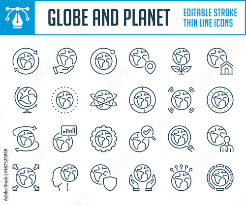 Globe and Earth thin line icons. World, Planet and Travel outline icon set. Editable stroke icons.