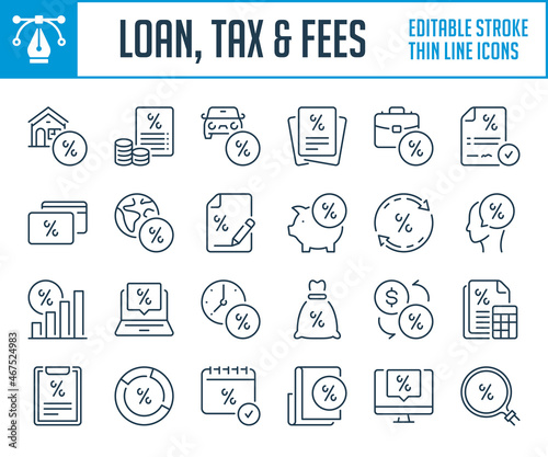 Loan, Tax and Fees thin line icons. outline icon set. Percentage, Discount and Rate interest Editable stroke icons.