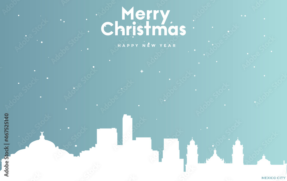 Christmas and new year blue greeting card with white cityscape of Mexico City