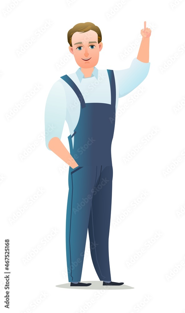 Man in overalls. Service guy. Handyman, locksmith or repairman. Cheerful person. Standing pose. Cartoon comic style flat design. Single character. Illustration isolated on white background. Vector Man in overalls. Service guy. Handyman, locksmith or repairman. Cheerful person. Standing pose. Cartoon comic style flat design. Single character. Illustration isolated on white background. Vector