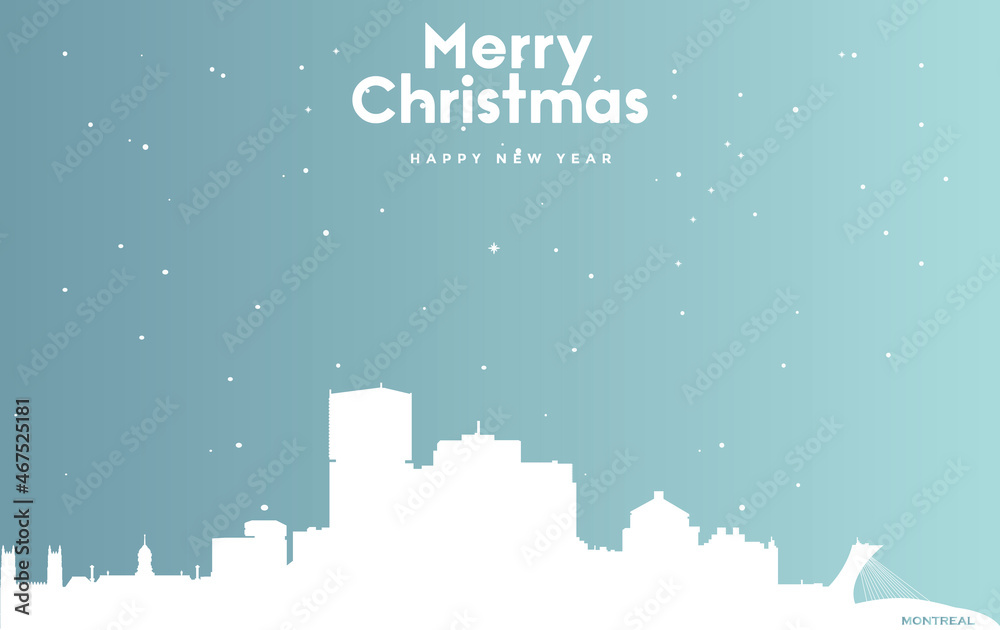 Christmas and new year blue greeting card with white cityscape of Montreal