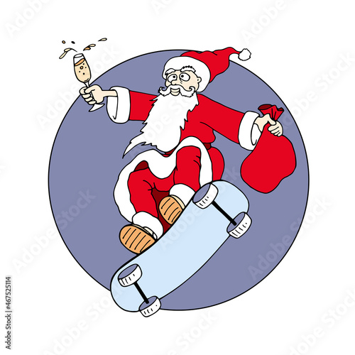 Cartoon Santa Claus with Gift Bag. new year, champagne in hand, christmas,